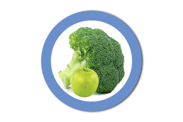 Diabetes symbol with brocolli and an apple.